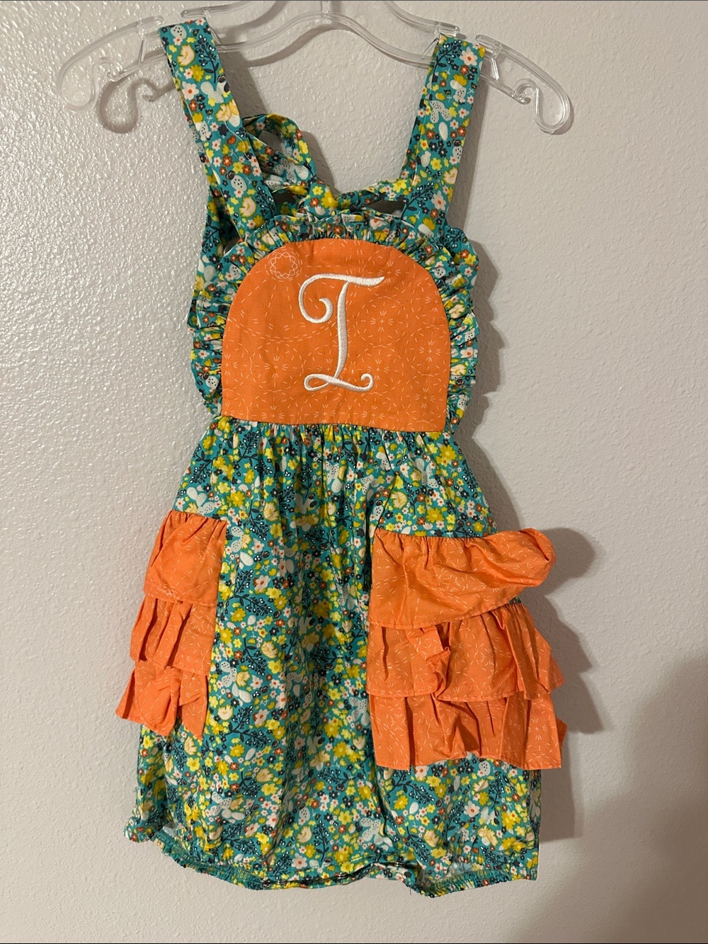 Girls Floral Ruffle Jumper Bubble with Orange Applique